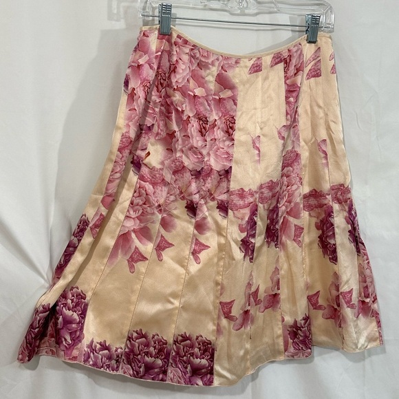 Ann Taylor 100% Silk A-Line Floral Skirt Pink Peony Print Beige Size 6 - Picture 1 of 4